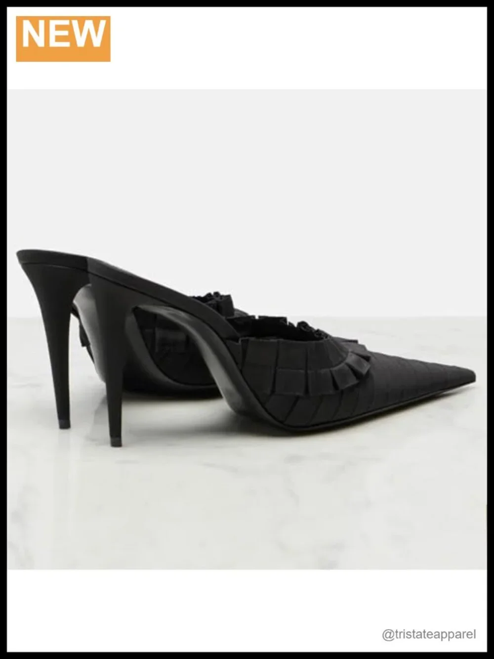 Ruffle Satin Slide Mules Stiletto Heel Pointed Toe Evening Dress Sandals